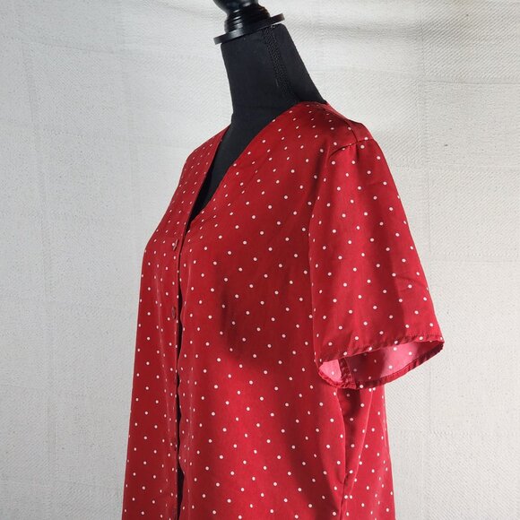 Kathie Lee Collection Vtg Brick Red White Polka Dot Poly Button Up SS Top Sz XL - Picture 10 of 16